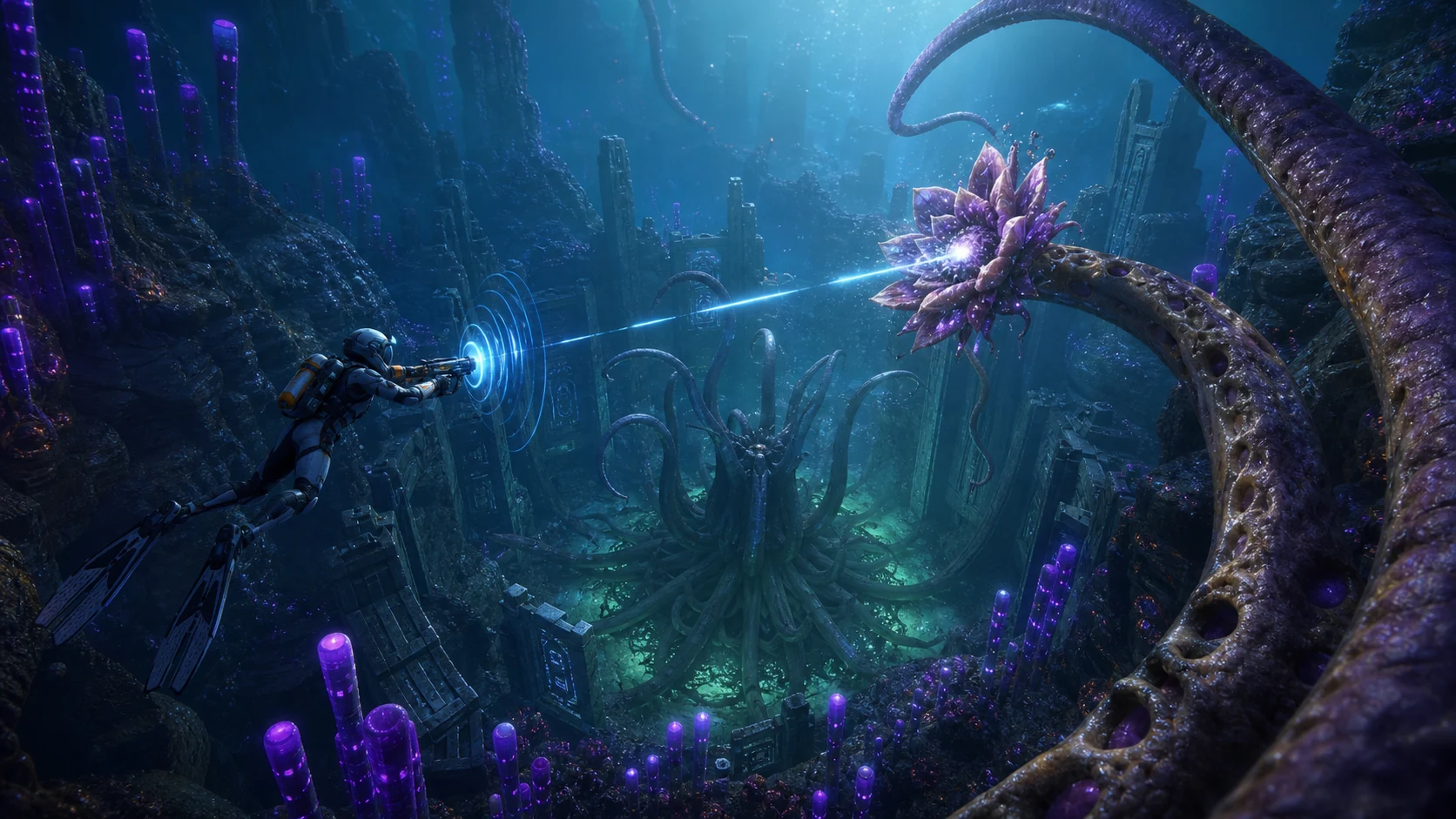A diver clears a distant viral bloom on a deeper Angel Comb route