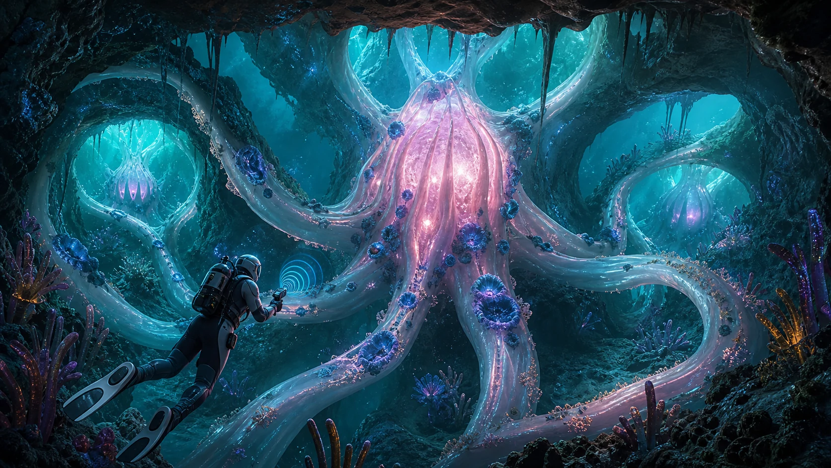 A diver checks an infected Angel Comb and its branching cave route