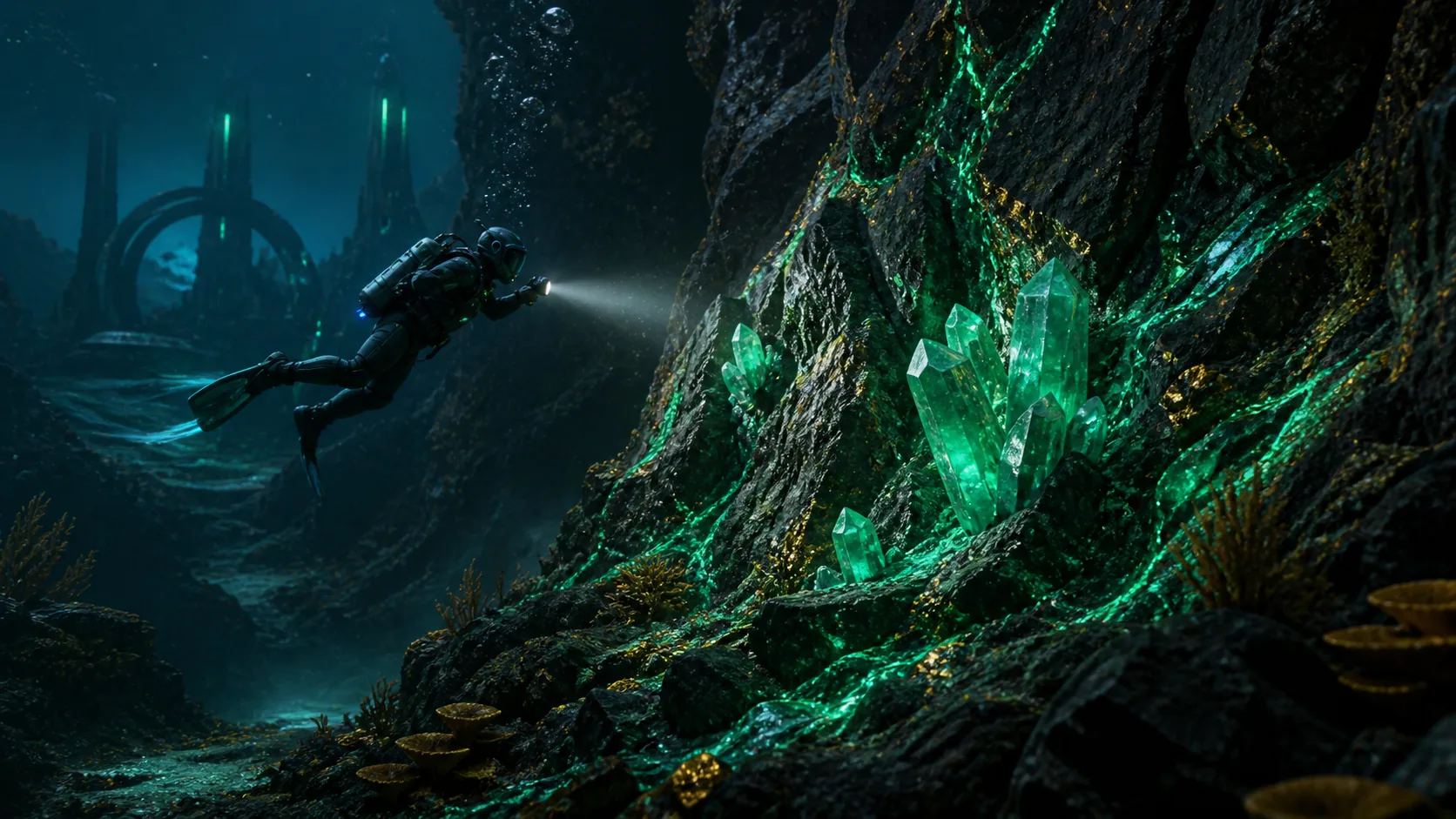 A diver finds glowing green Atacamite veins in a deep underwater cliff