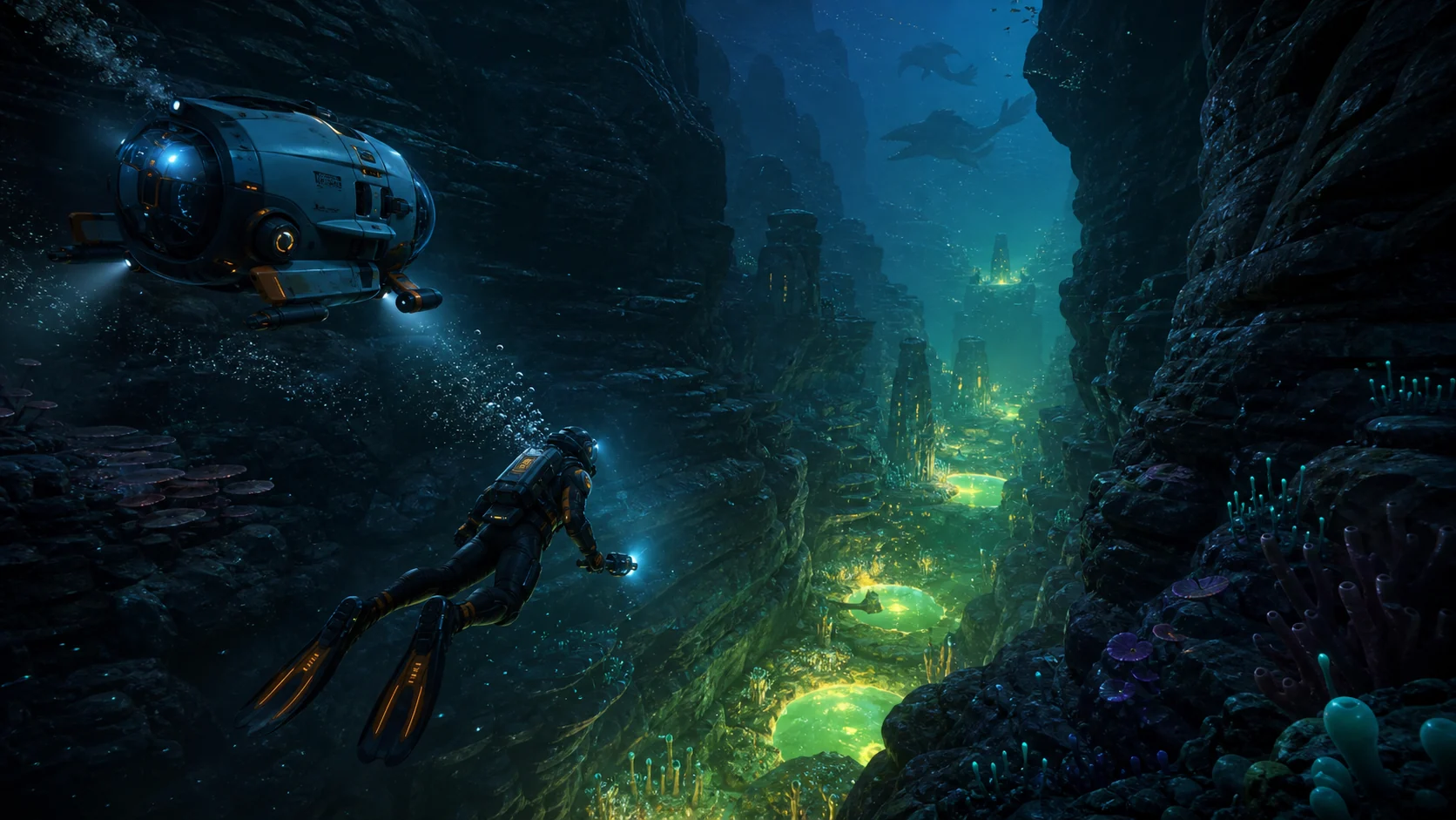 A diver and submersible planning a hazardous deep route toward glowing cultivation pools
