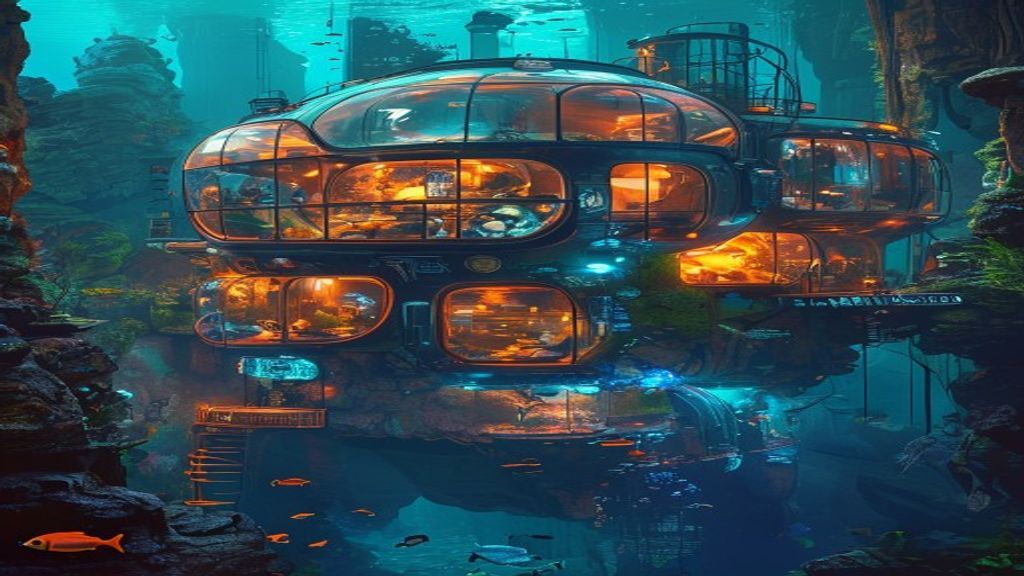 Subnautica 2 Unterwasserbasis mit warmen Fenstern und Rifffelsen