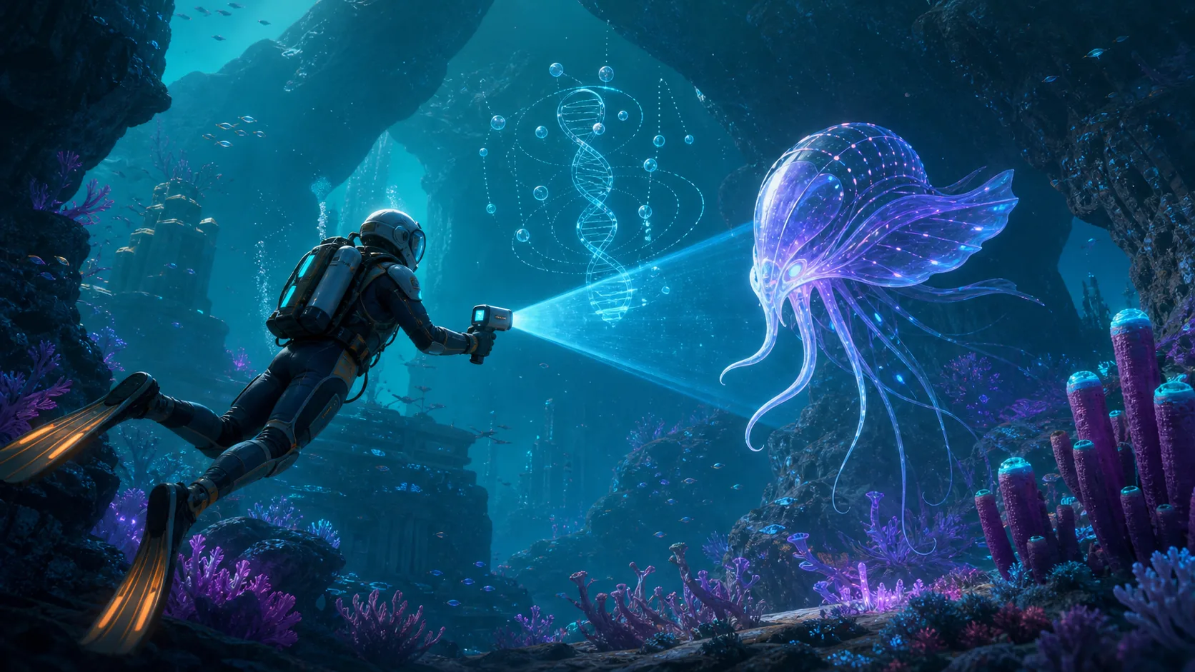 A diver uses a Bioscanner on a bioluminescent alien creature