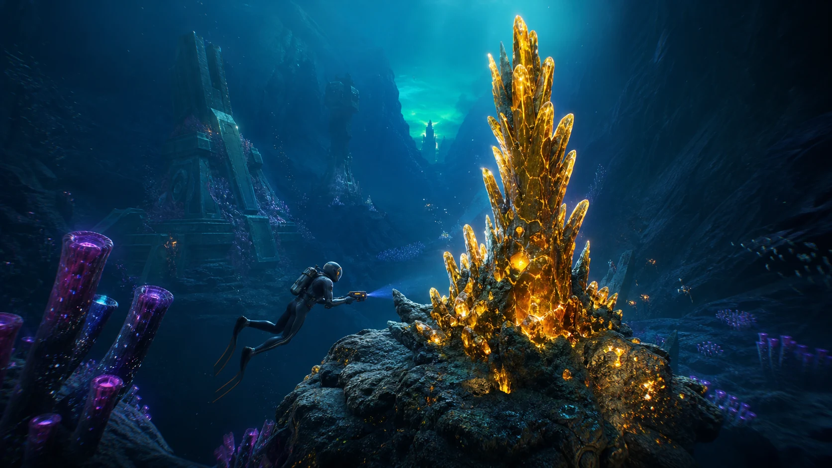 A diver approaches a glowing Conduit Crystal node on a deep alien ledge