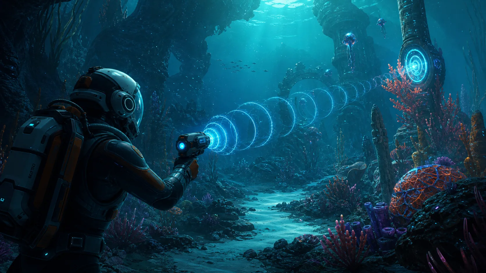 A diver projects sonar rings toward a distant target with a Feedback Resonator