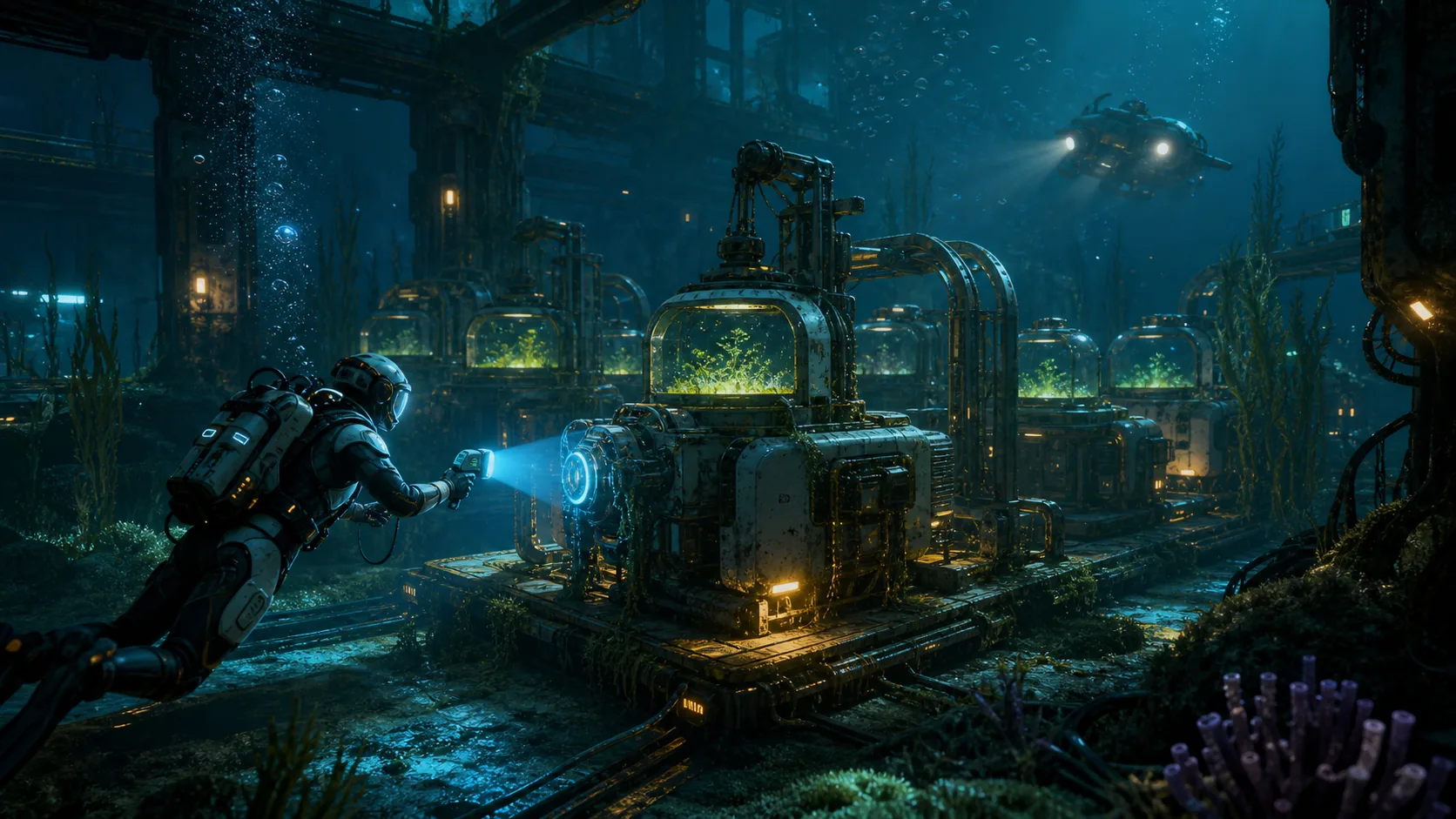 A diver scans metal farm structures in a deep underwater cultivation facility