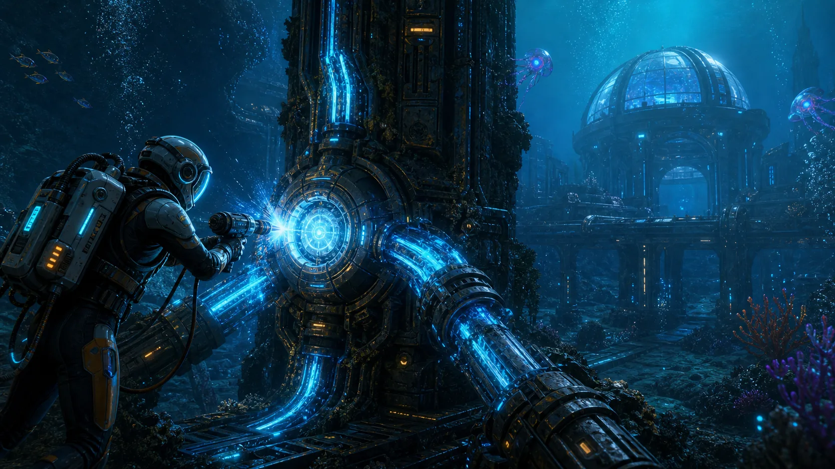 A diver repairs an alien power plant route toward an observatory
