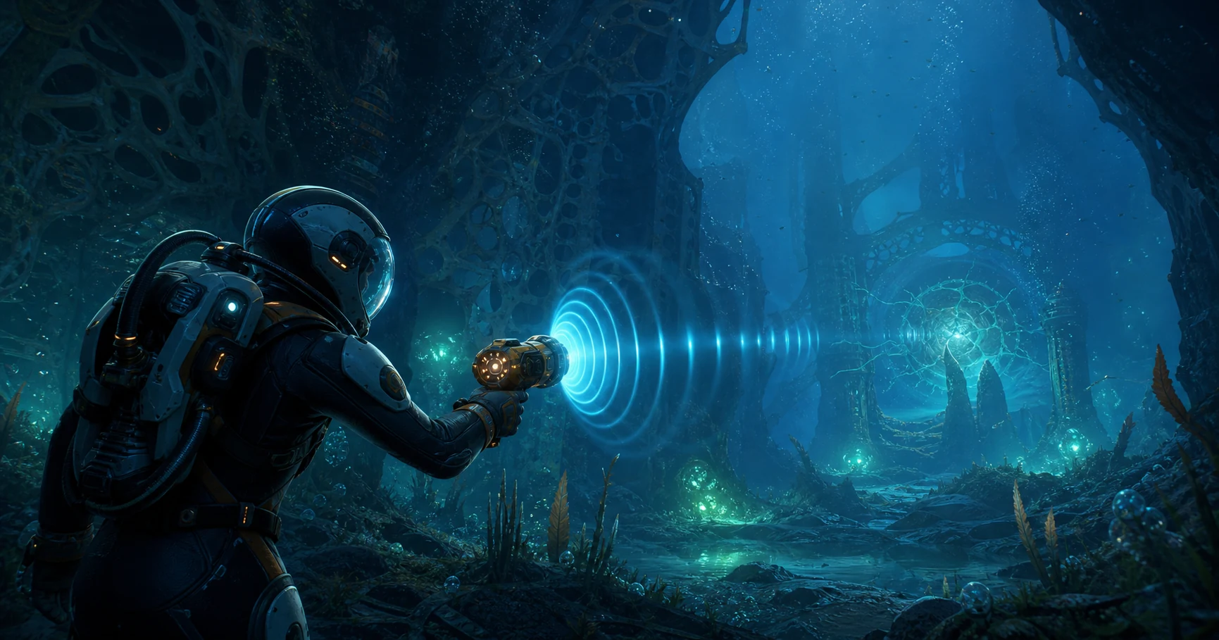A diver uses an upgraded sonic tool against a distant underwater target near alien ruins