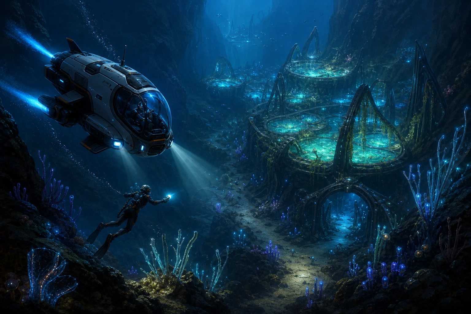 A compact submersible approaches glowing deep pools before a fragment scanning route