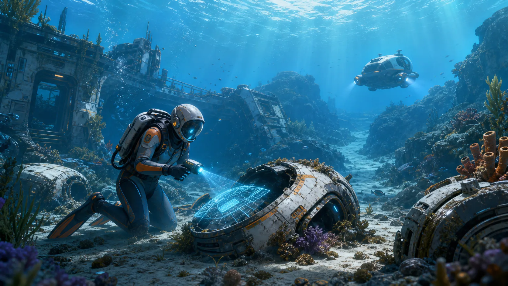 A diver scans Tadpole vehicle fragments near a shallow colony ruin